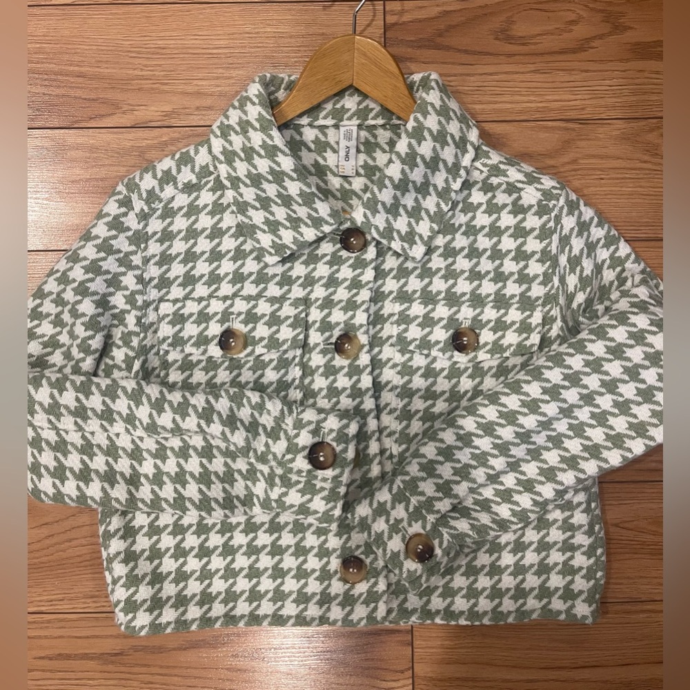Only Green Houndstooth Button Down blazer cropped women jacket small ganna style - Picture 7 of 11